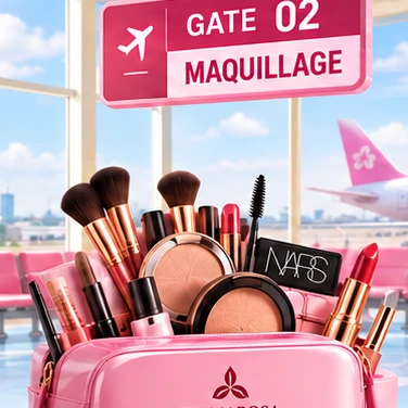 Maquillage — fond de teint, rouge à lèvres, palette et mascara