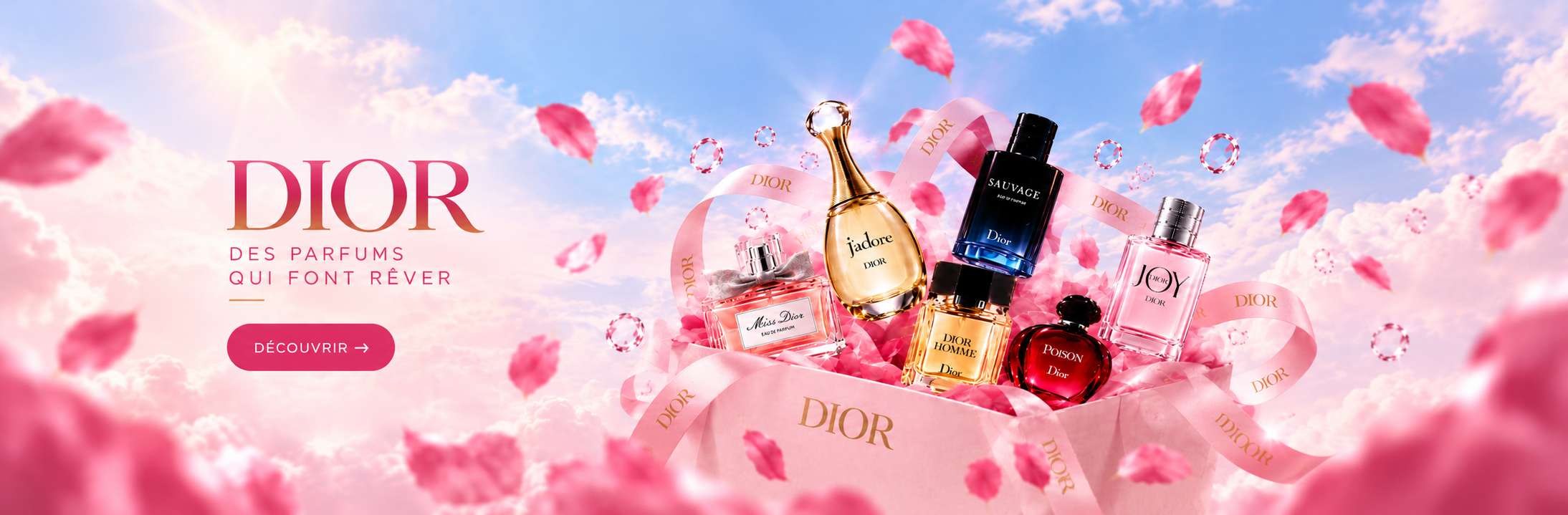 Dior — des parfums qui font rêver : Miss Dior, J'adore, Sauvage, Dior Homme, Poison et Joy. Voir les parfums Dior