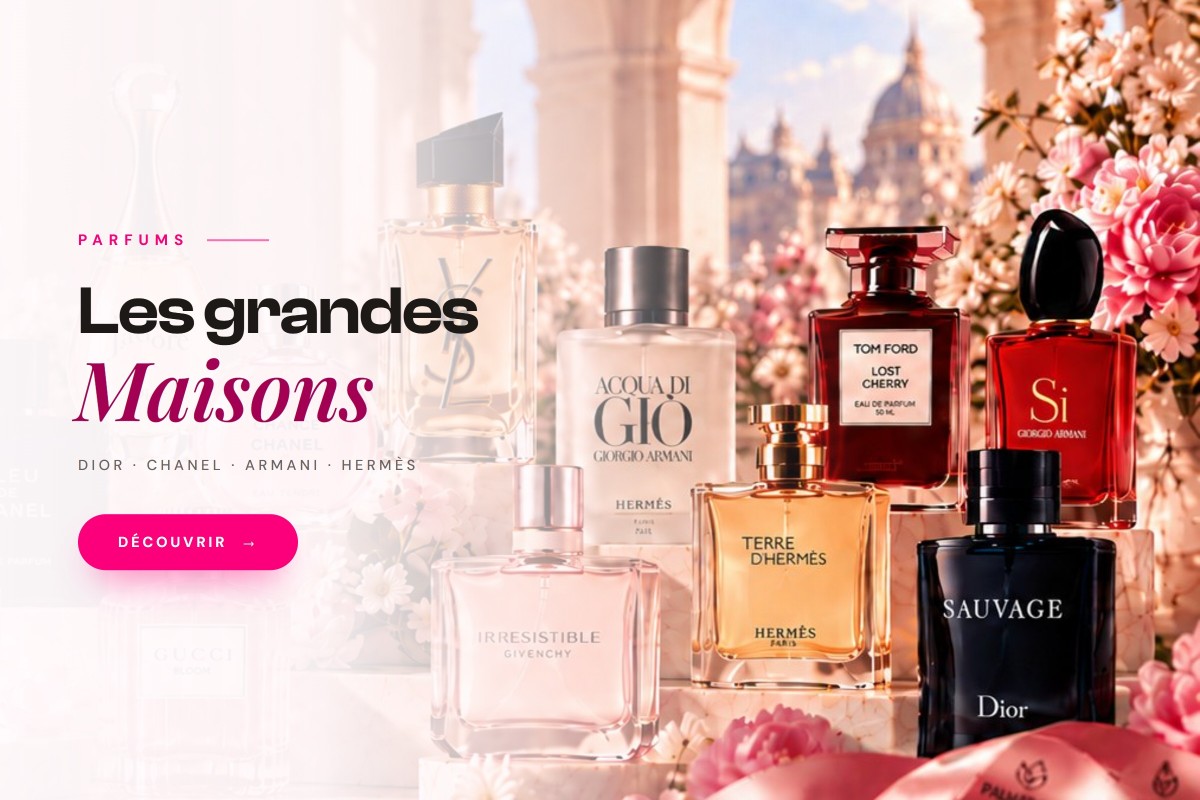 Les grandes maisons — Dior, Chanel, Armani, Hermès : Sauvage, Chance Chanel, Yves Saint Laurent, Acqua di Gio, Tom Ford Lost Cherry, Terre d'Hermès, Armani Sì et Givenchy Irrésistible