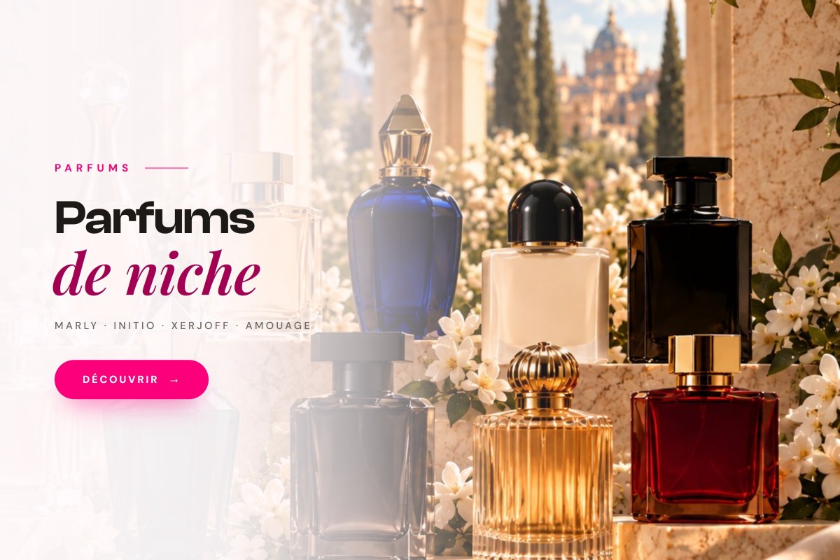 Parfums de niche — Marly, Initio, Xerjoff, Amouage : une rangée de flacons rares sur un plateau de marbre, sous une lumière chaude