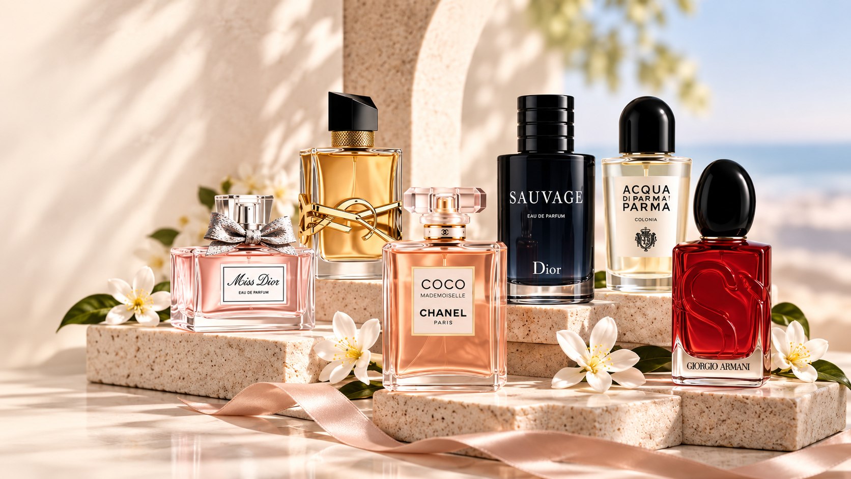 Six flacons posés sur des socles de pierre — Miss Dior, Yves Saint Laurent Libre, Coco Mademoiselle, Dior Sauvage, Acqua di Parma et Armani Sì
