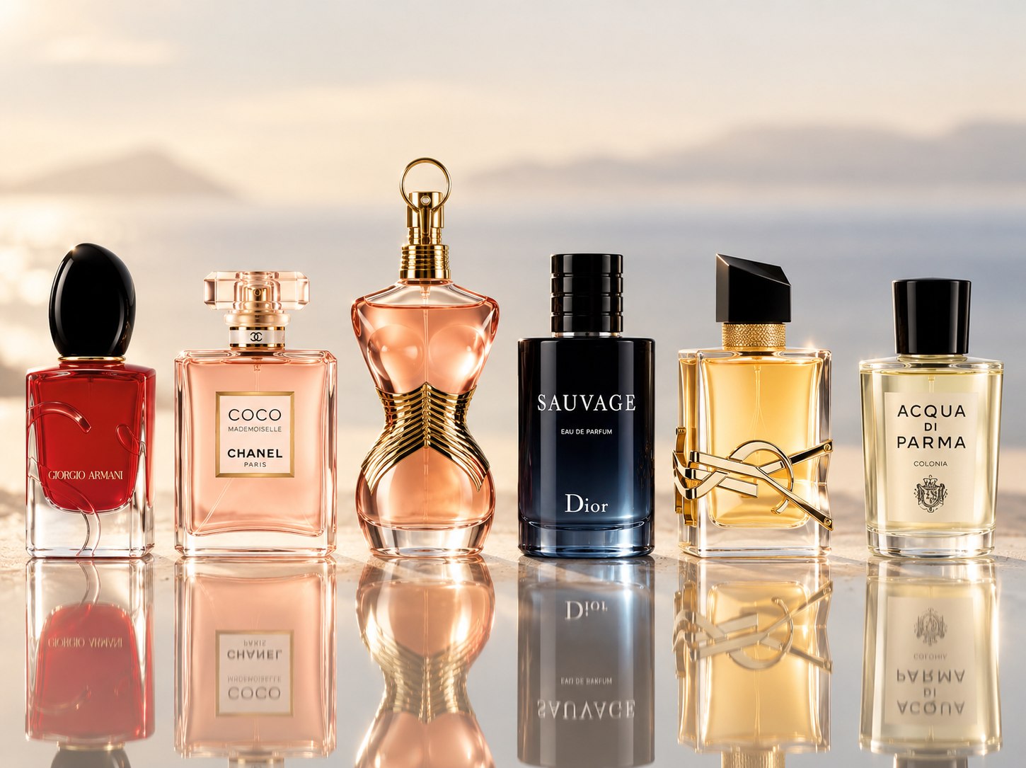 Six flacons au bord de l'eau au coucher du soleil — Armani, Coco Mademoiselle, Jean Paul Gaultier, Dior Sauvage, Yves Saint Laurent Libre et Acqua di Parma