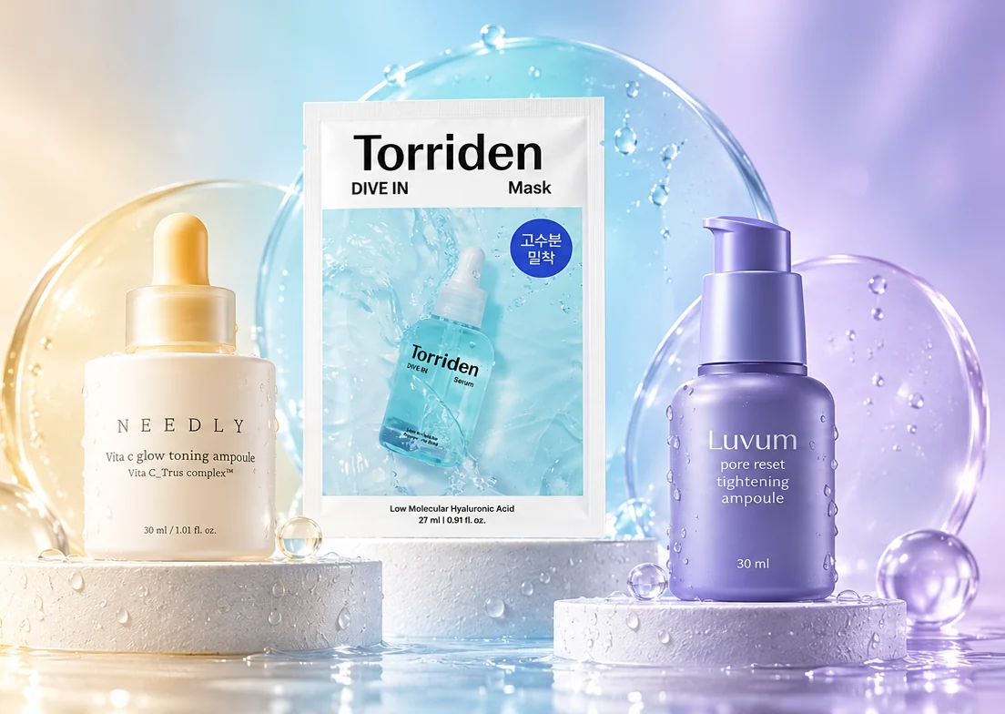 L'éclat coréen en 3 signatures — NEEDLY Vita C Glow Toning Ampoule, TORRIDEN Dive In Mask et LUVUM Pore Reset Tightening Ampoule, à découvrir chez Palmarosa