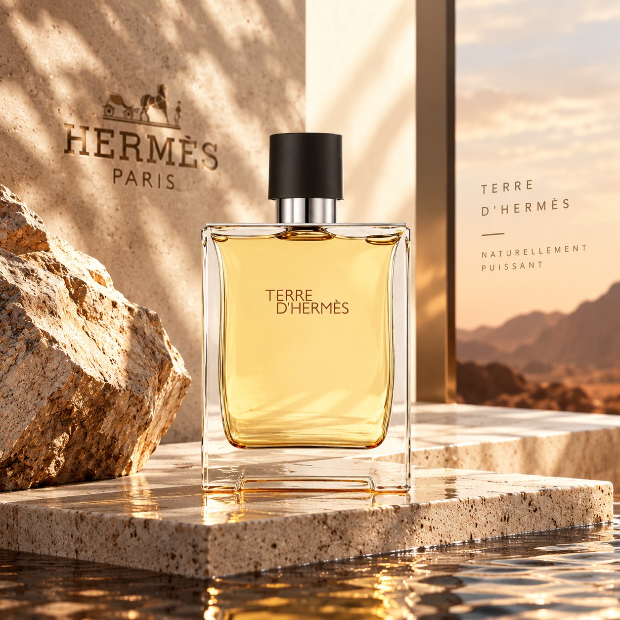 Hermès Terre d'Hermès posé sur une pierre, désert en fond