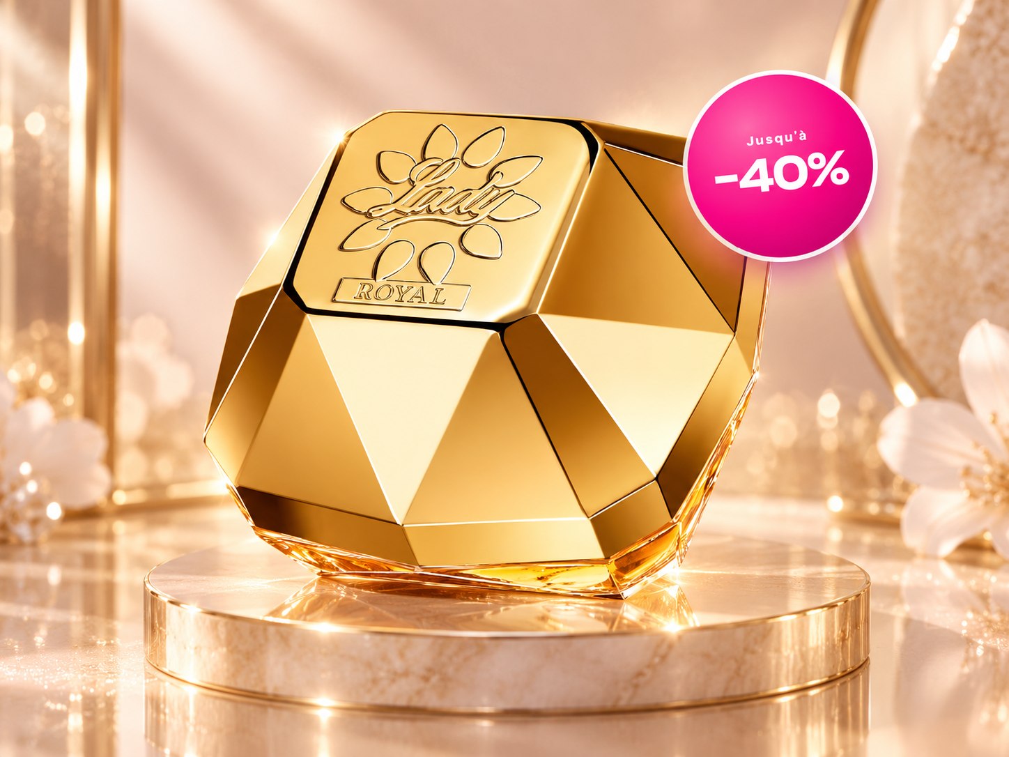 Paco Rabanne Lady Million Royal posé sur un socle doré