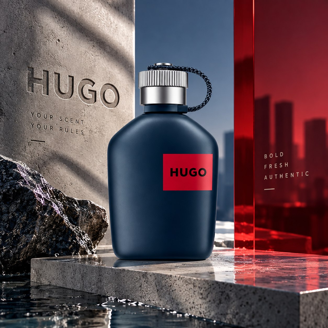 Hugo Boss Hugo Jeans posé sur une pierre mouillée, ville en fond