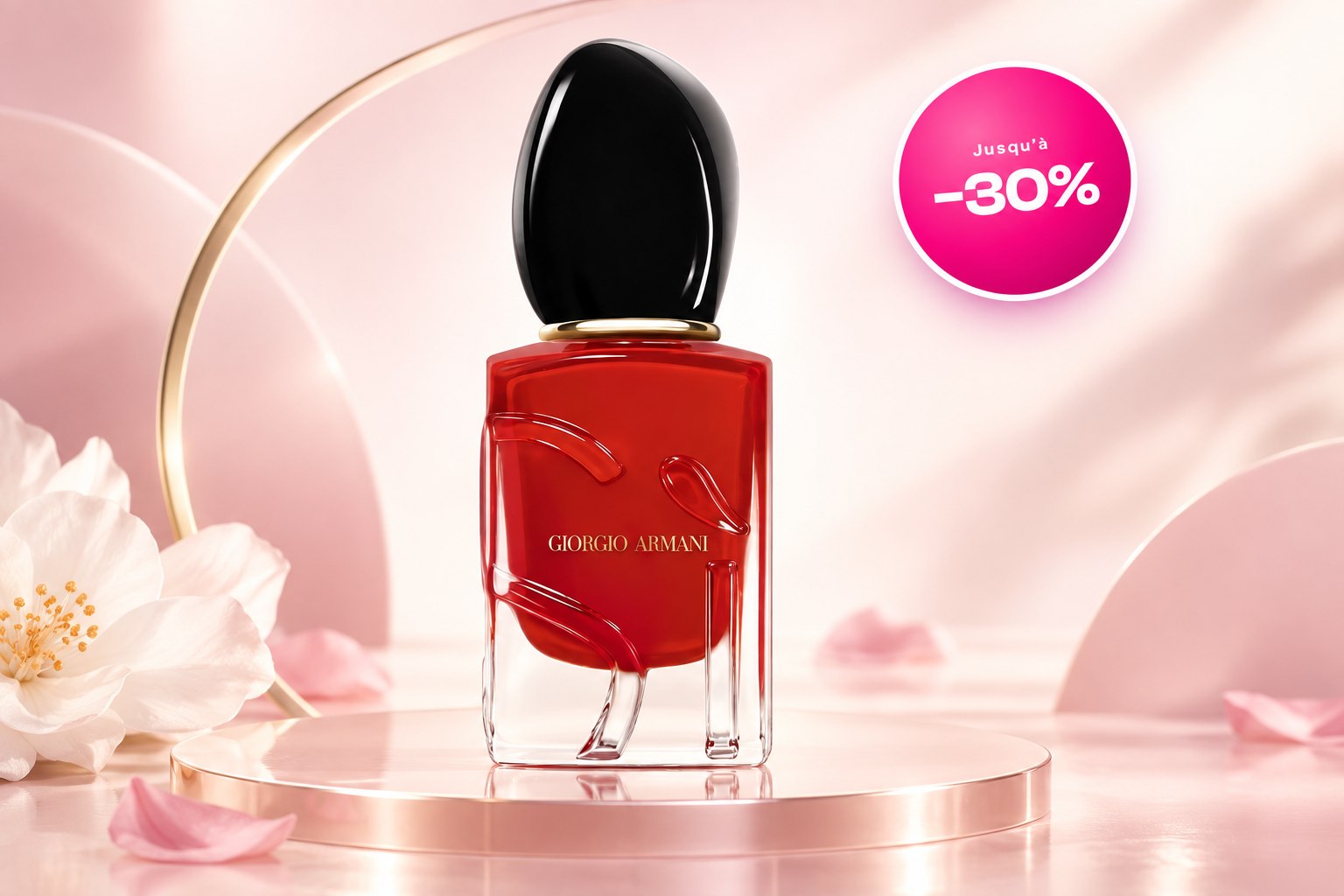 Giorgio Armani Sì Intense posé sur un socle rosé, fleurs de cerisier