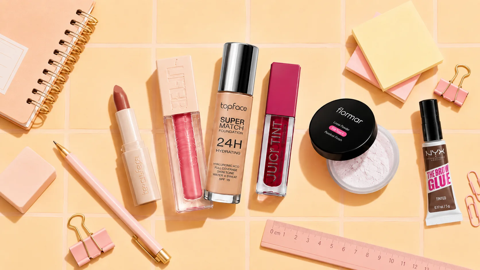 Maquillage de la rentrée — fond de teint Topface, gloss Maybelline Lifter, poudre Flormar et NYX